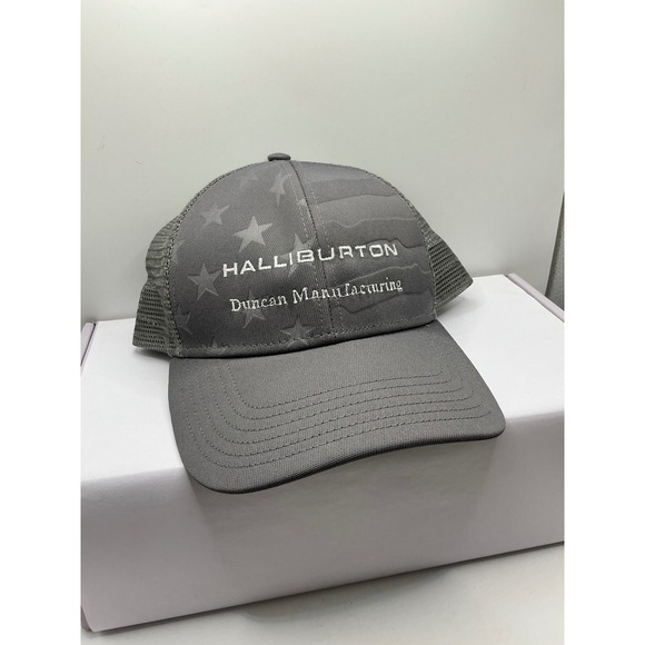 Halliburton Duncan Manufacturing Grey Trucker Hat Snapback Flag Pattern Mens Cap